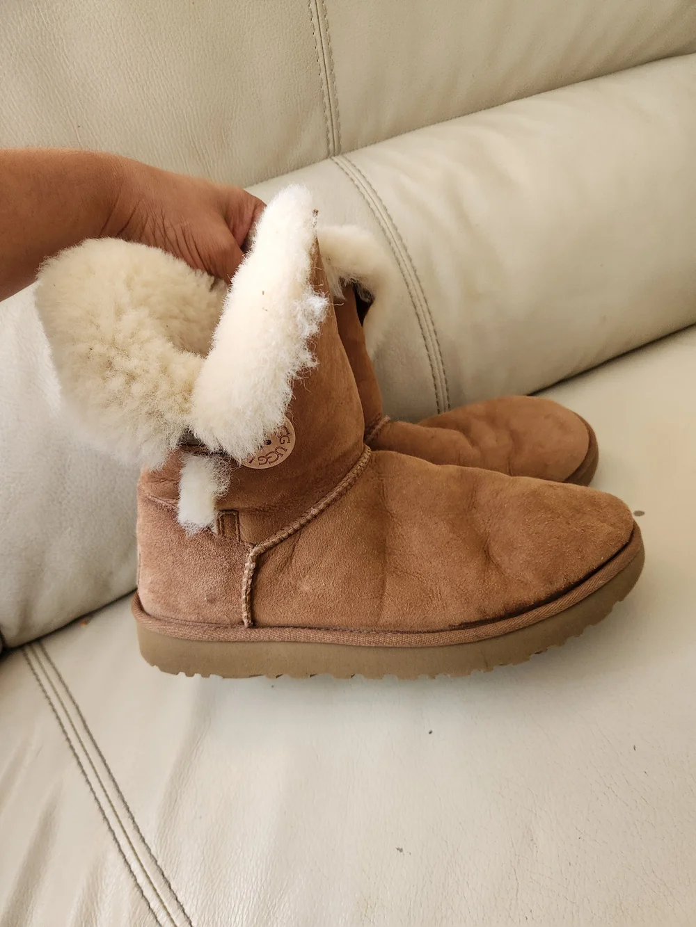 UGG Chestnut Suede Short Button Boots with Shearling Trim
